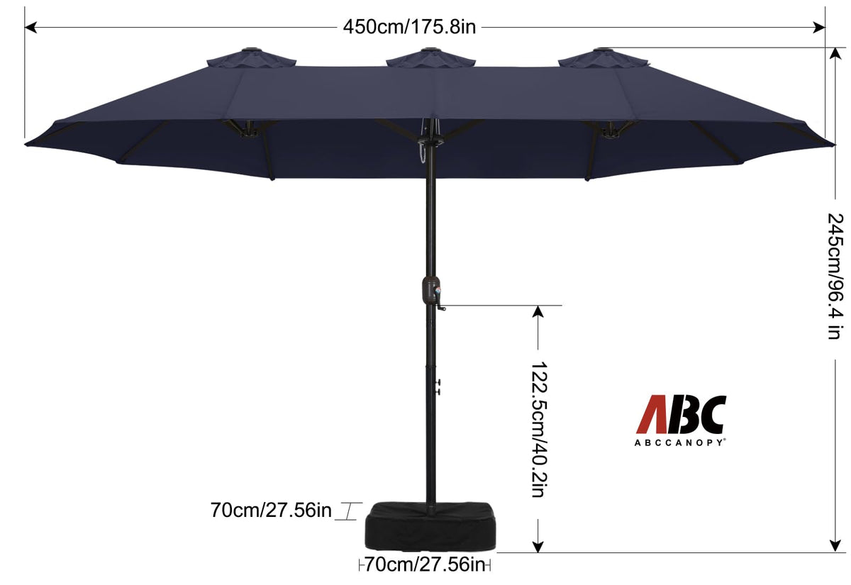 15FT Double-Sided Rectangle Patio Umbrella with Base Navy Blue O8459