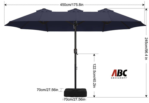 15FT Double-Sided Rectangle Patio Umbrella with Base Navy Blue O8459