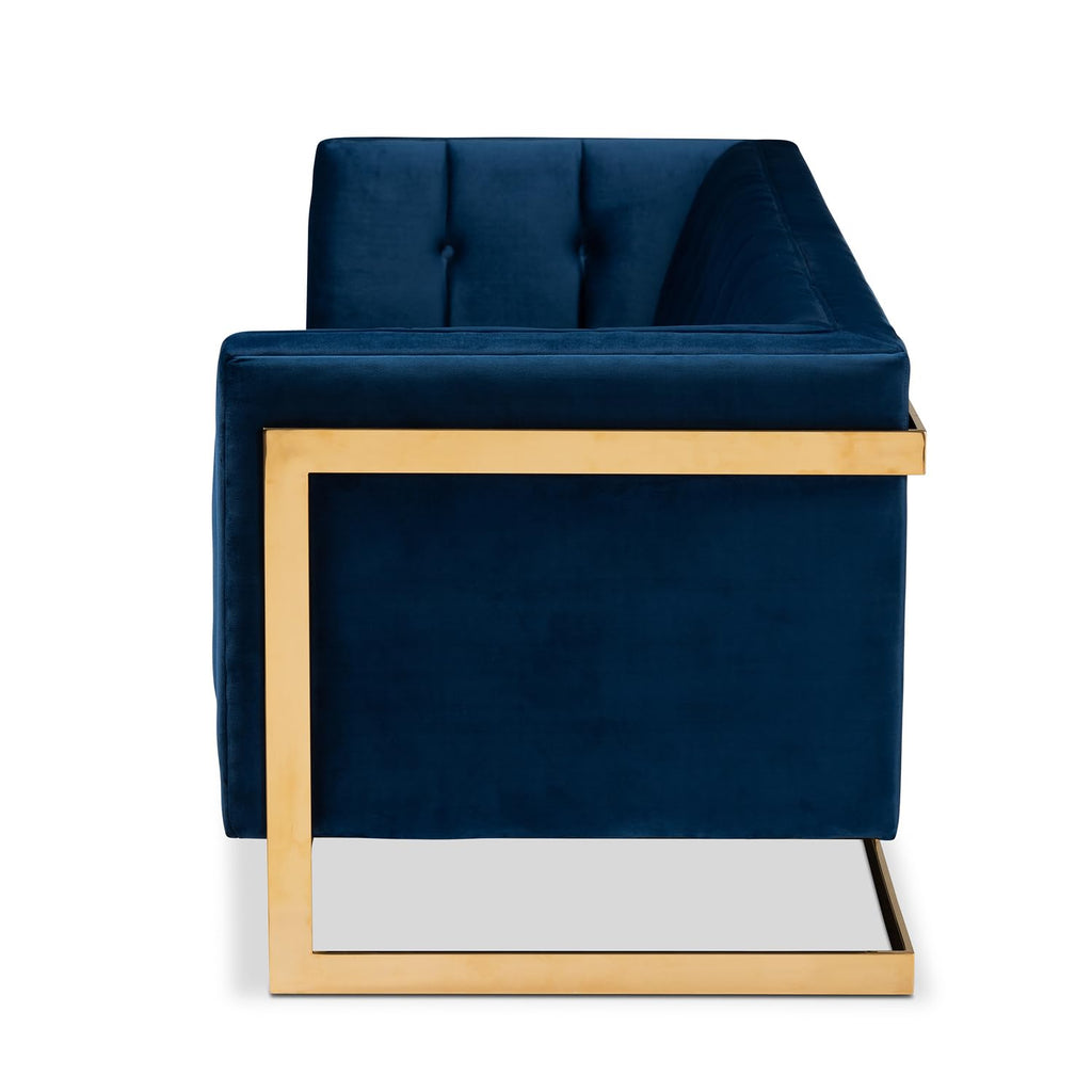Navy Blue Velvet Button Tufted Gold Sofa I808