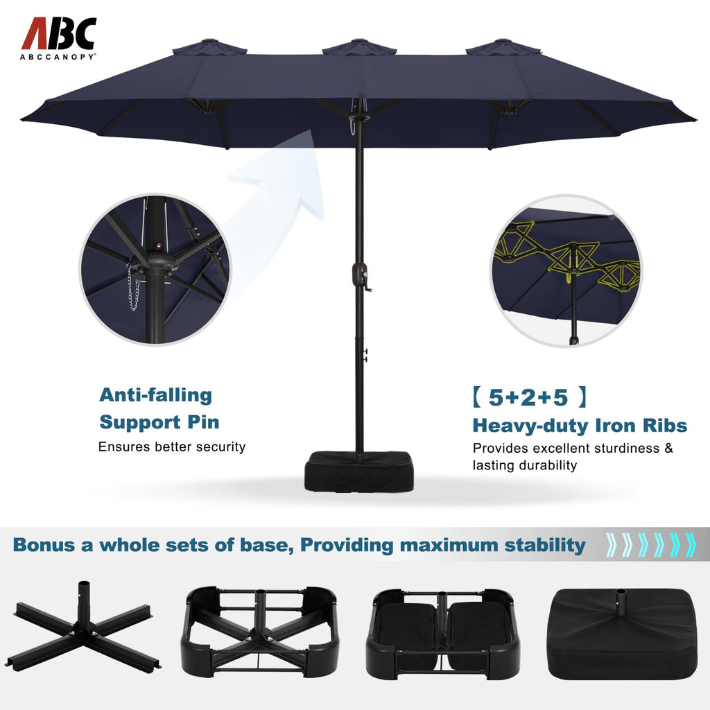 15FT Double-Sided Rectangle Patio Umbrella with Base Navy Blue O8459