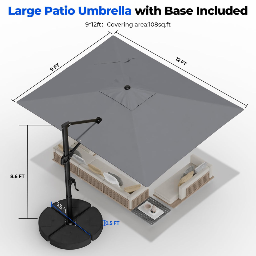 9x12 FT Cantilever Patio Umbrella with Base P73548