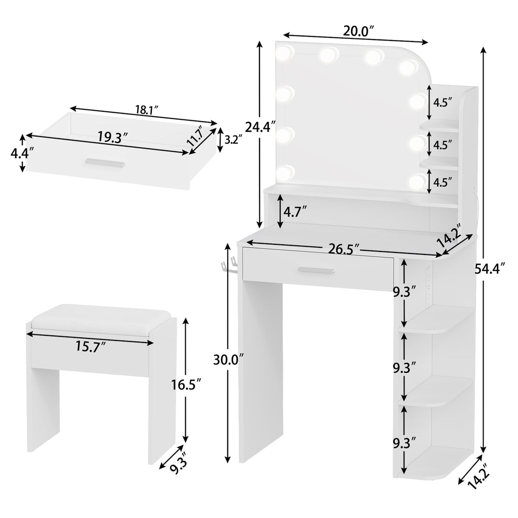 White Small Vanity Set with Chair, Mirror & Lights M76110