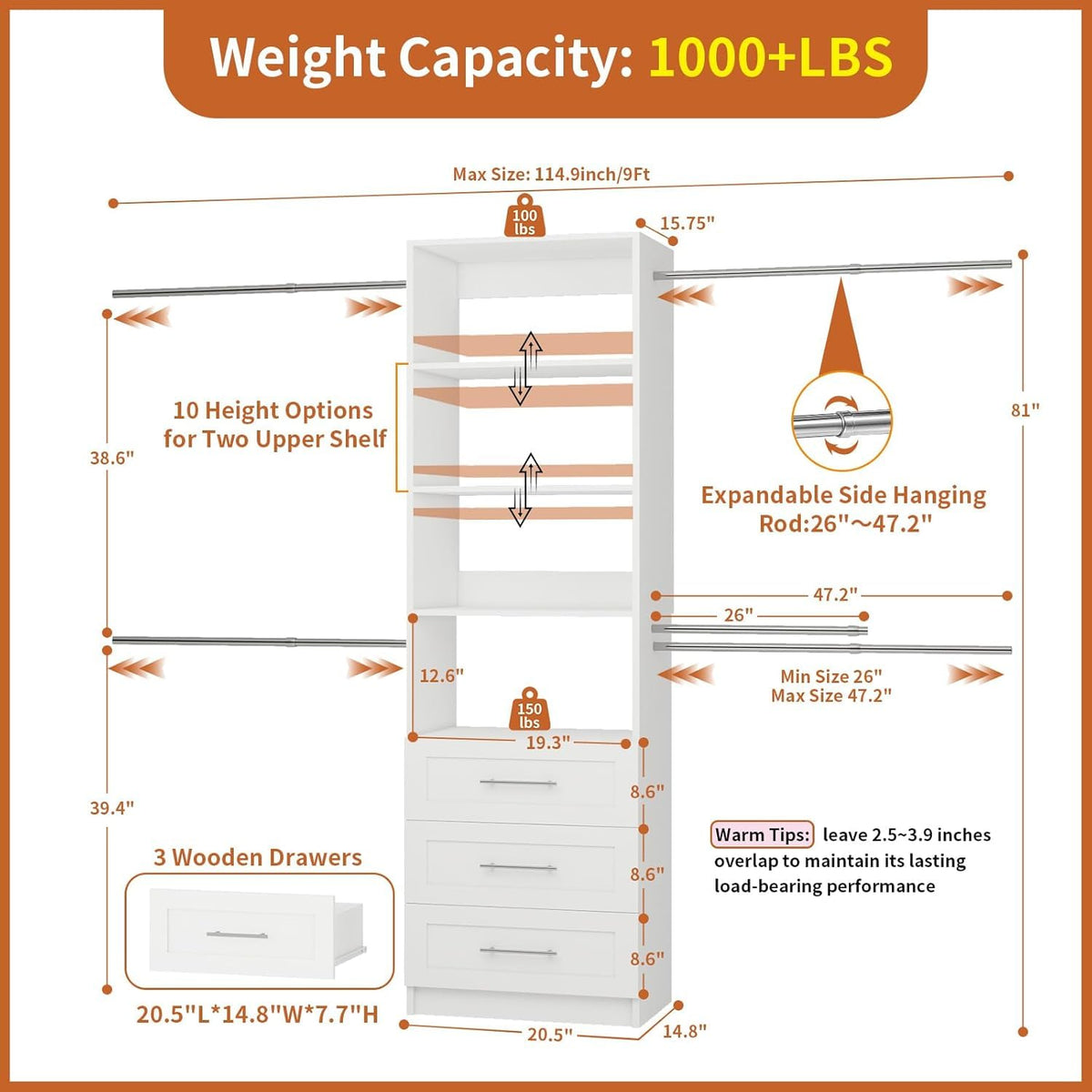 White Closet System with Drawers and Adjustable Shelves S133