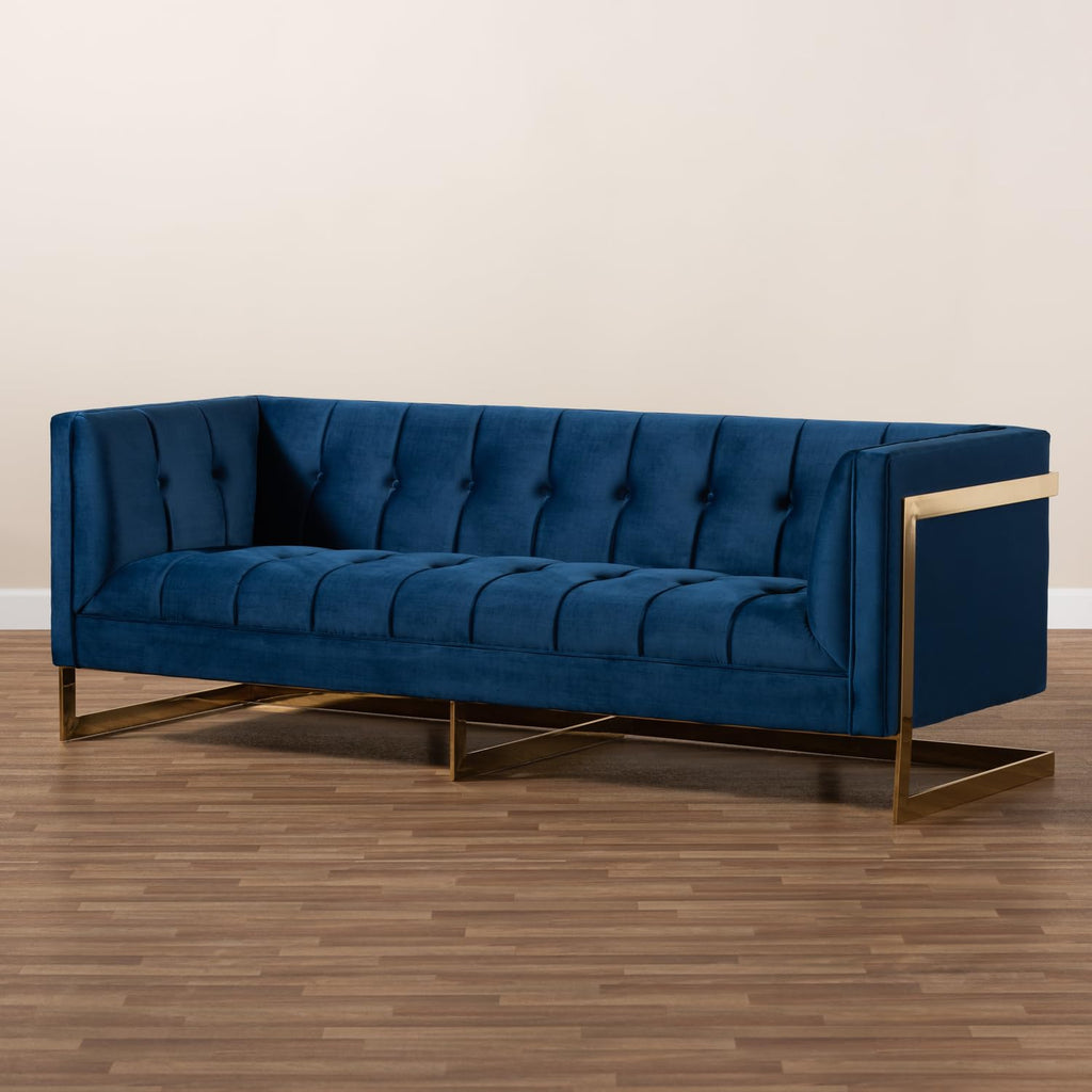 Navy Blue Velvet Button Tufted Gold Sofa I808