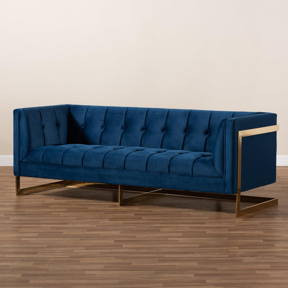 Navy Blue Velvet Button Tufted Gold Sofa I808