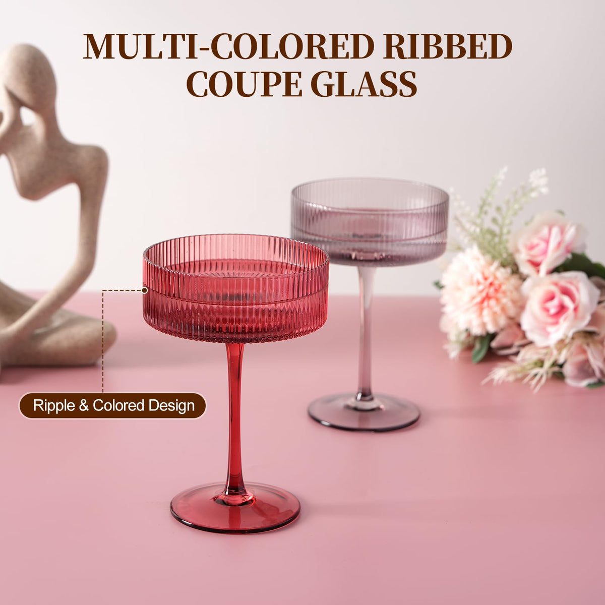 9Oz Ribbed Crystal Hand Blown Coupe Cocktail Glasses S7798