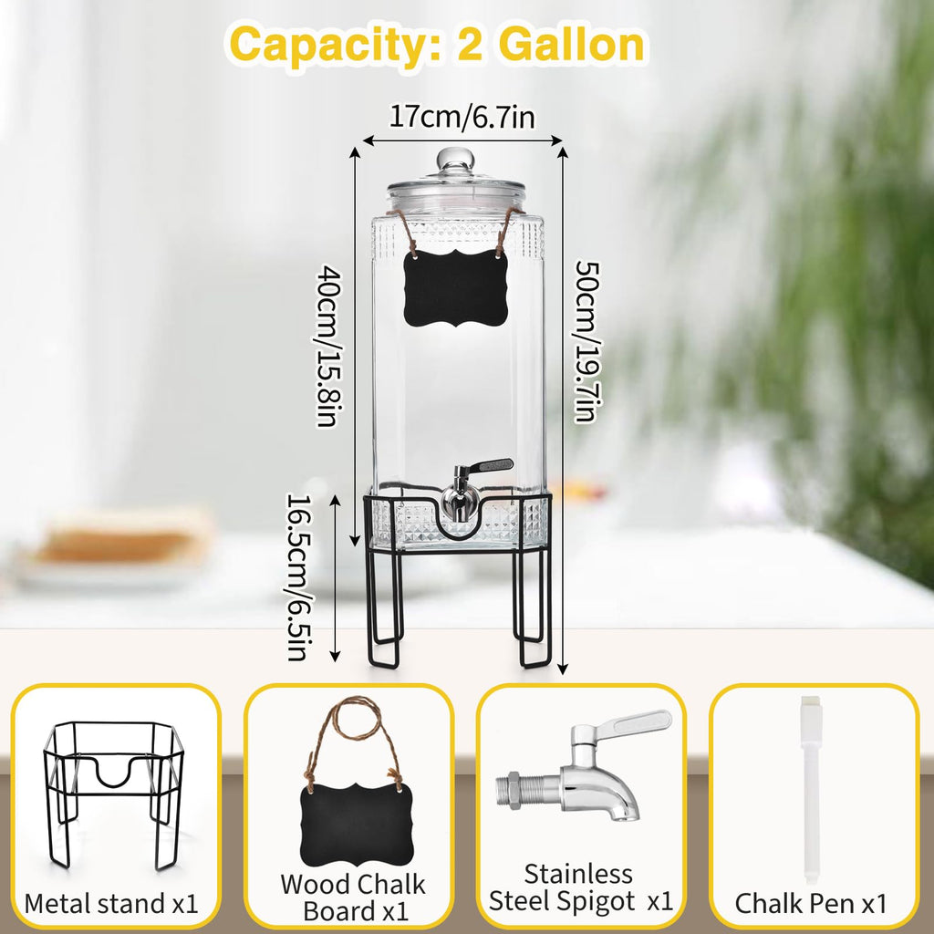 2 Gallon Glass Drink Dispenser with Stand and Glass Lid S9765