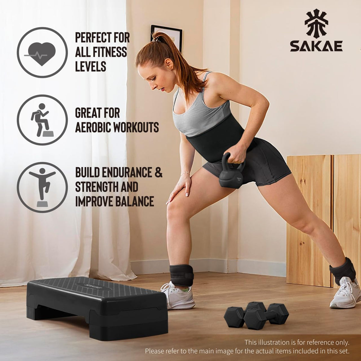 Adjustable Aerobic Stepper Kit with Dumbbells & Kettlebell & Weightlifting Belt & Measuring Tape M38393