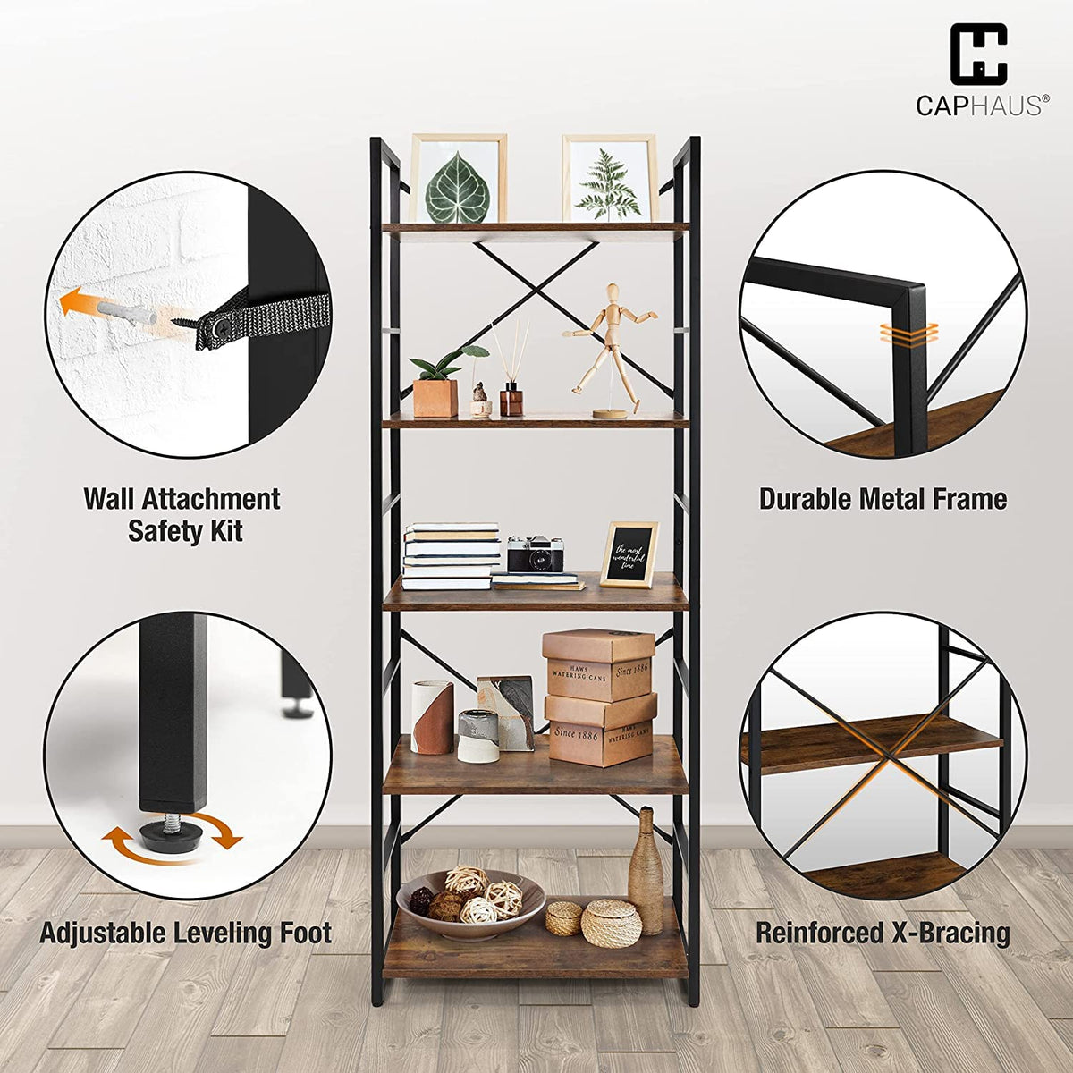 6 Tier 24 Inch Rustic Oak Bookshelf H527782