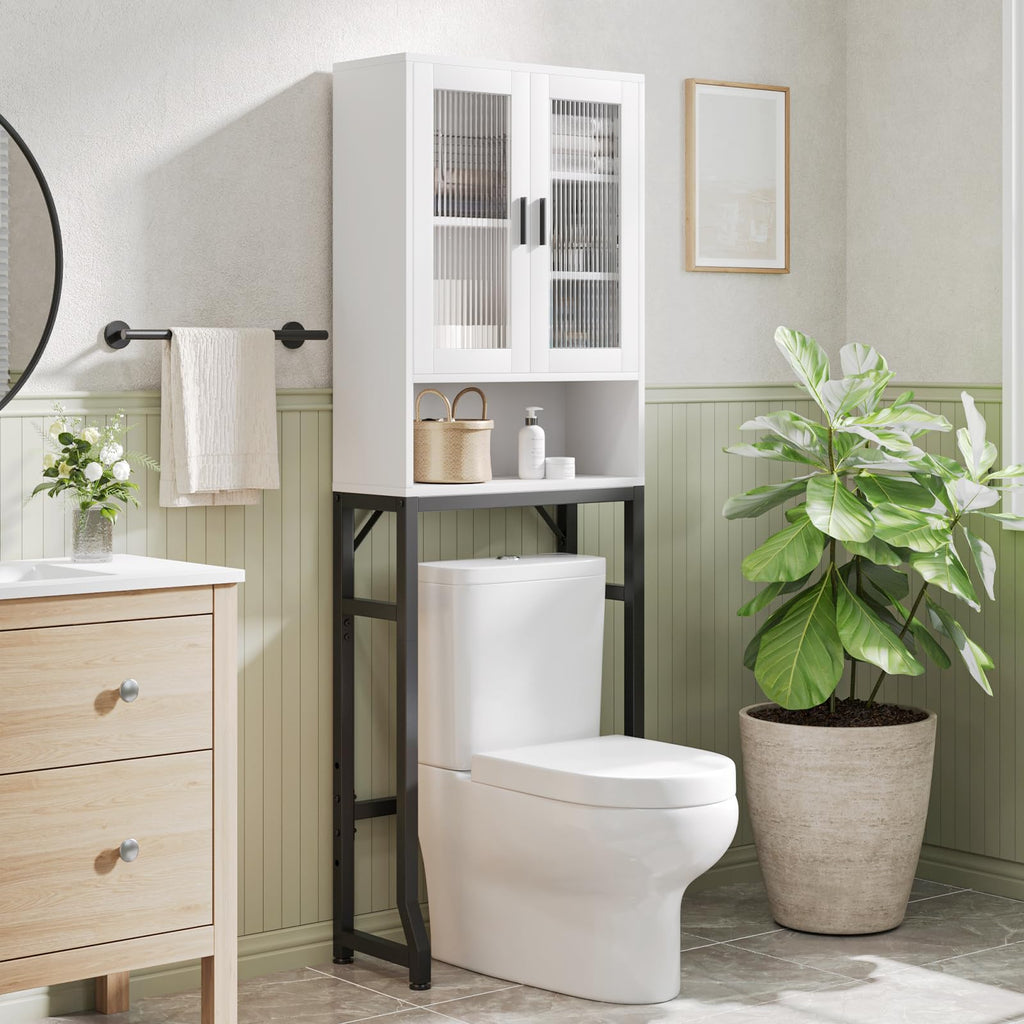 White Over The Toilet Storage Cabinet with Glass Doors D88861