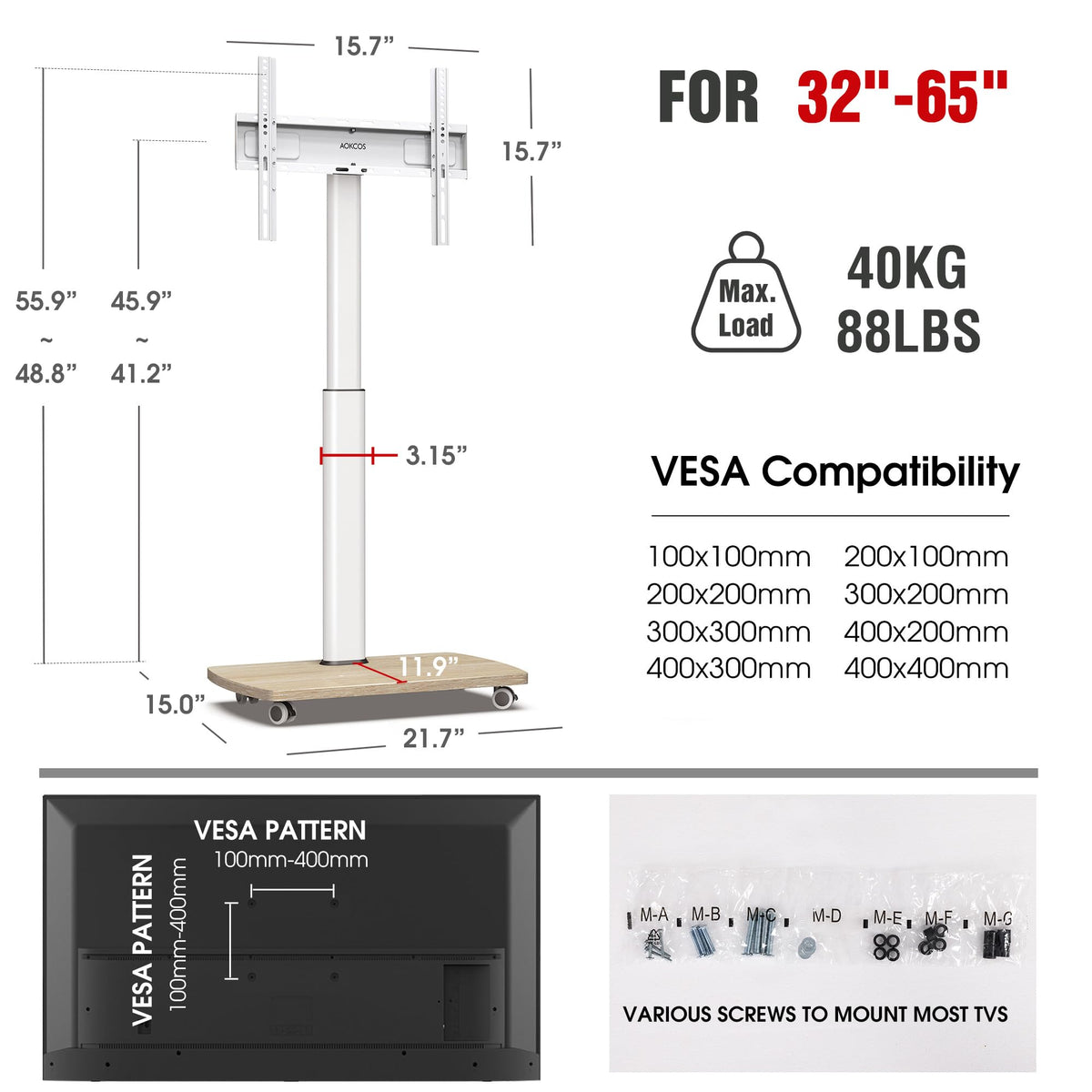 Rolling TV Stand for 32-65 Inch TVs, Height Adjustable with Swivel & Tilt Mount J9990