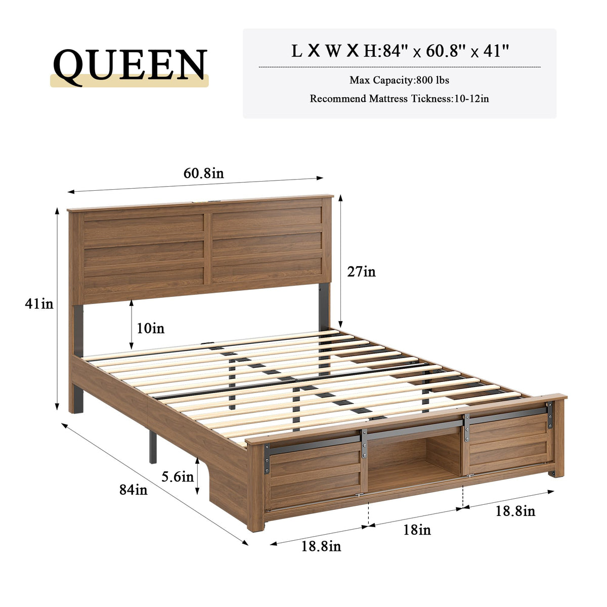 Queen Size Wooden Bed Frame with Headboard and Storage Footboard B543508