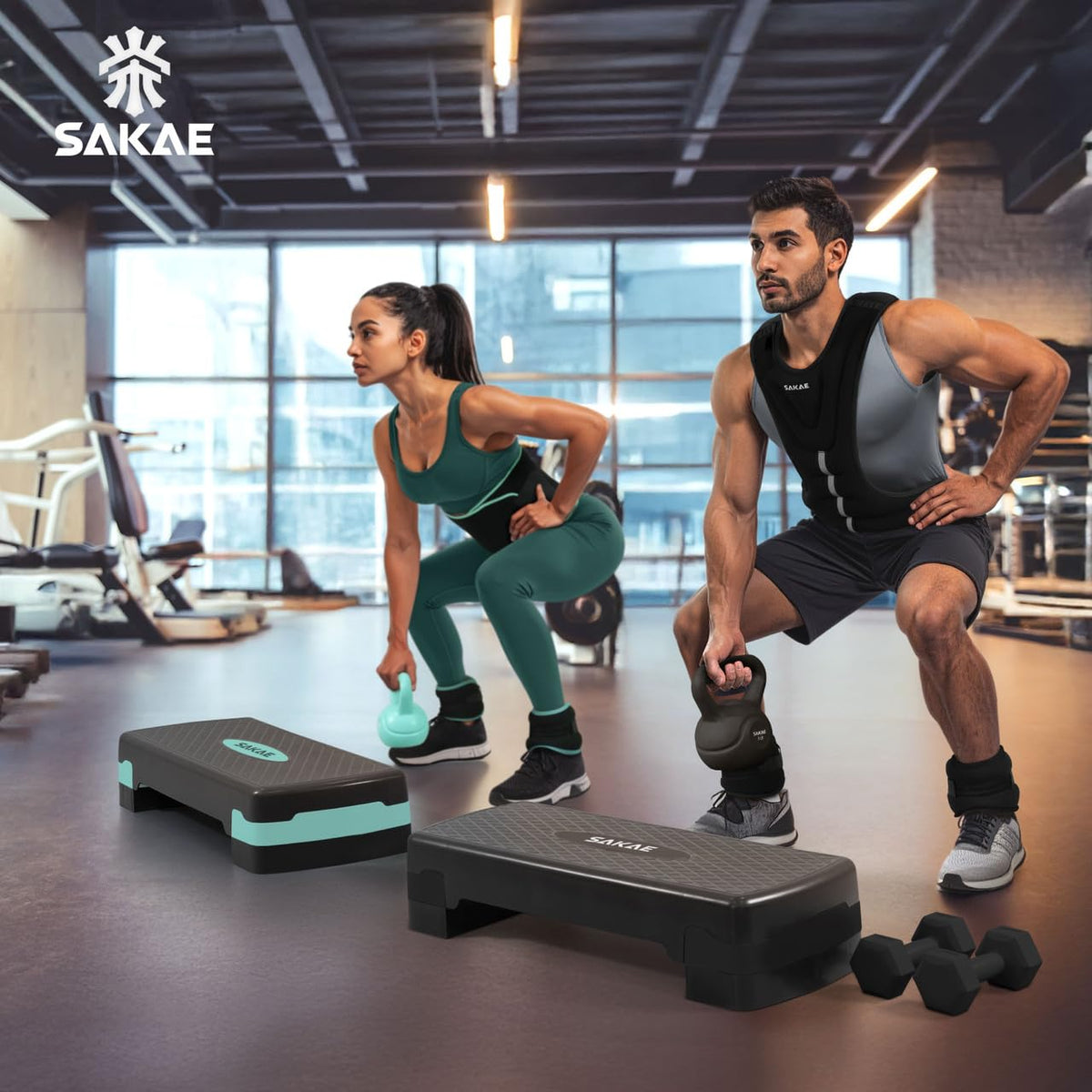 Adjustable Aerobic Stepper Kit with Dumbbells & Kettlebell & Weightlifting Belt & Measuring Tape M38393