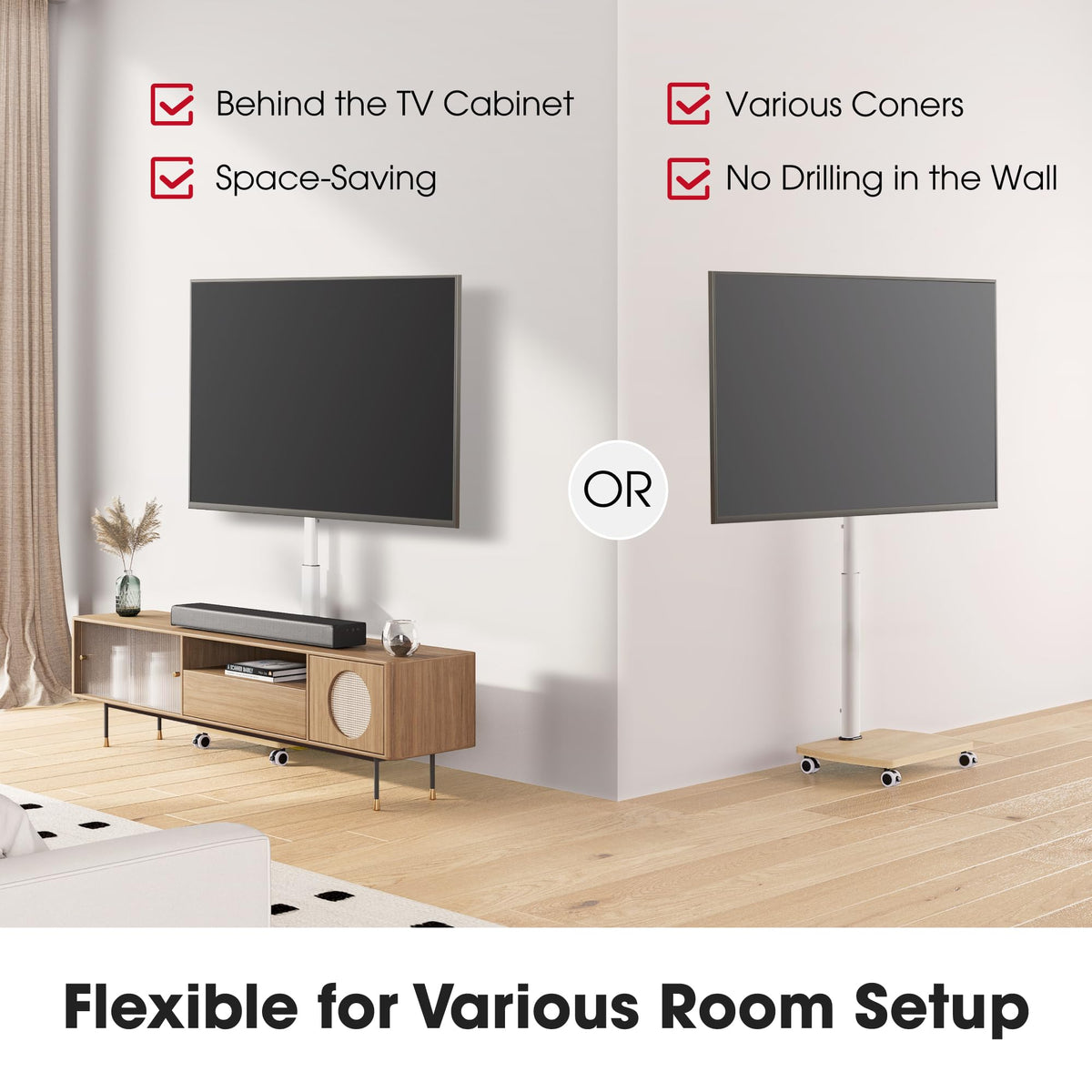 Rolling TV Stand for 32-65 Inch TVs, Height Adjustable with Swivel & Tilt Mount J9990