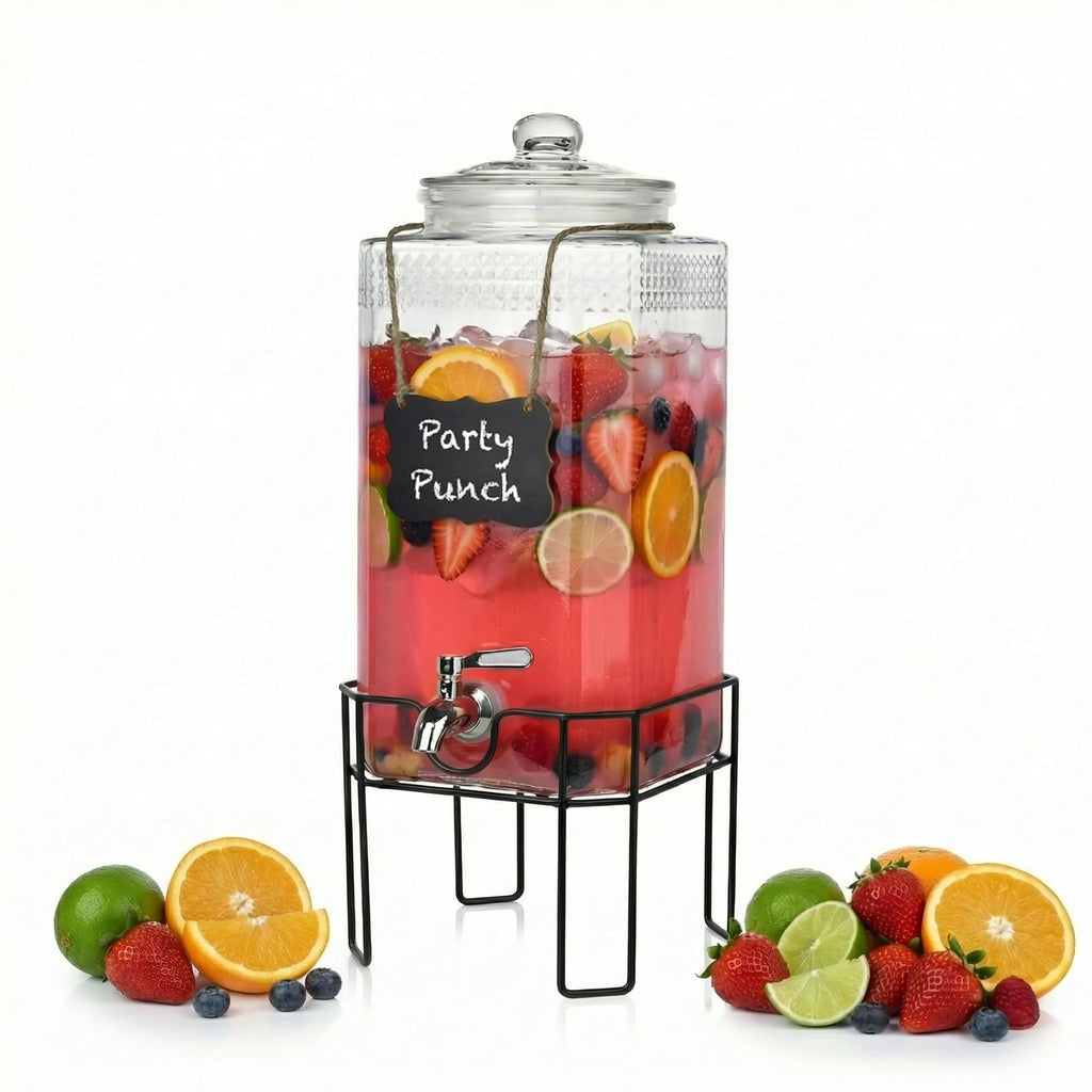 2 Gallon Glass Drink Dispenser with Stand and Glass Lid S9765