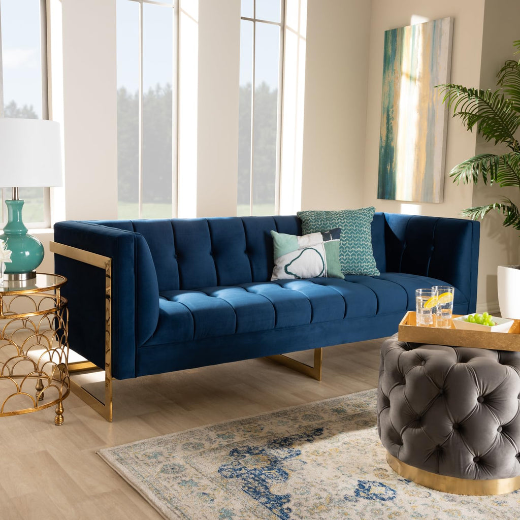 Navy Blue Velvet Button Tufted Gold Sofa I808