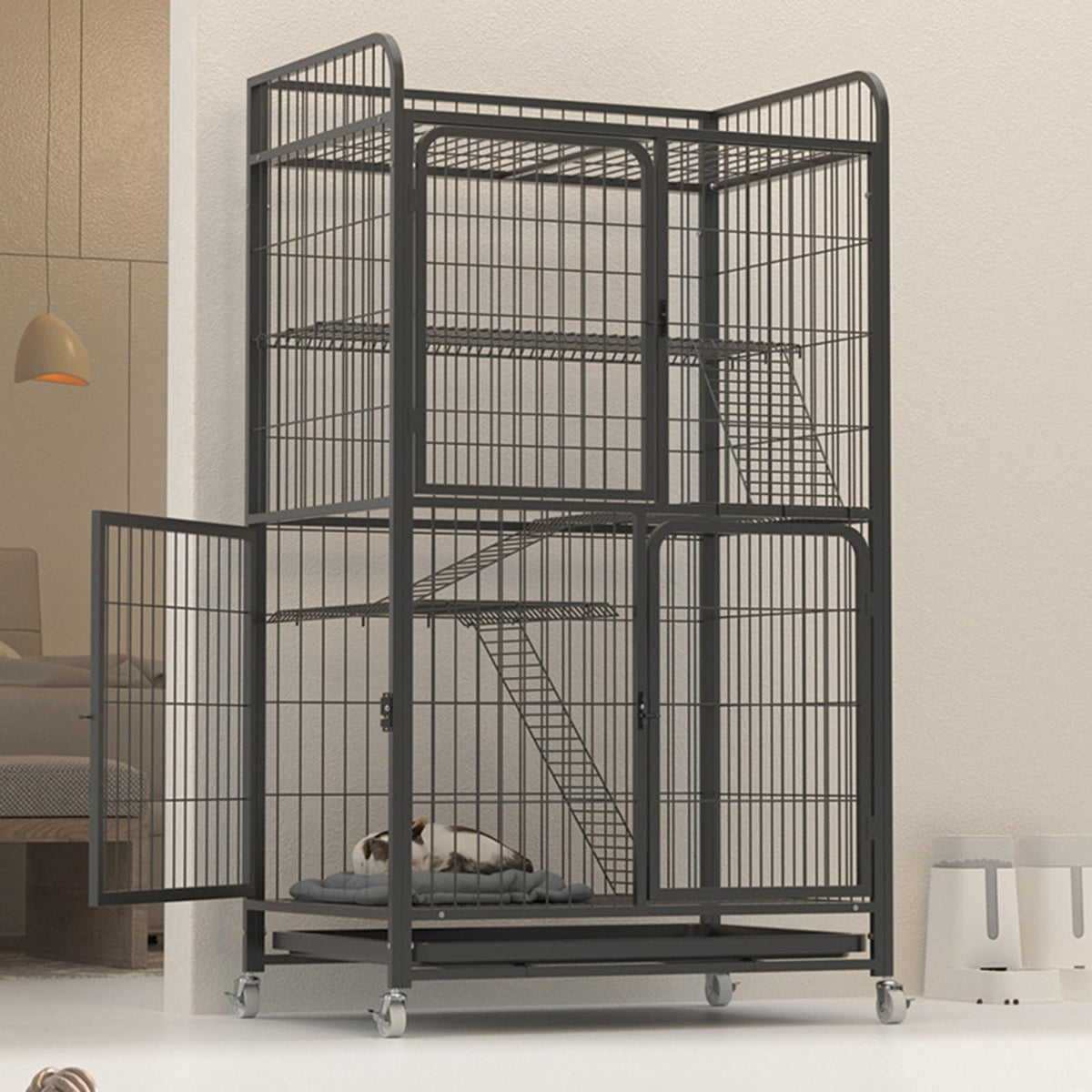 4 Tiers Metal Wire Cat Cage with Wheels Y633487