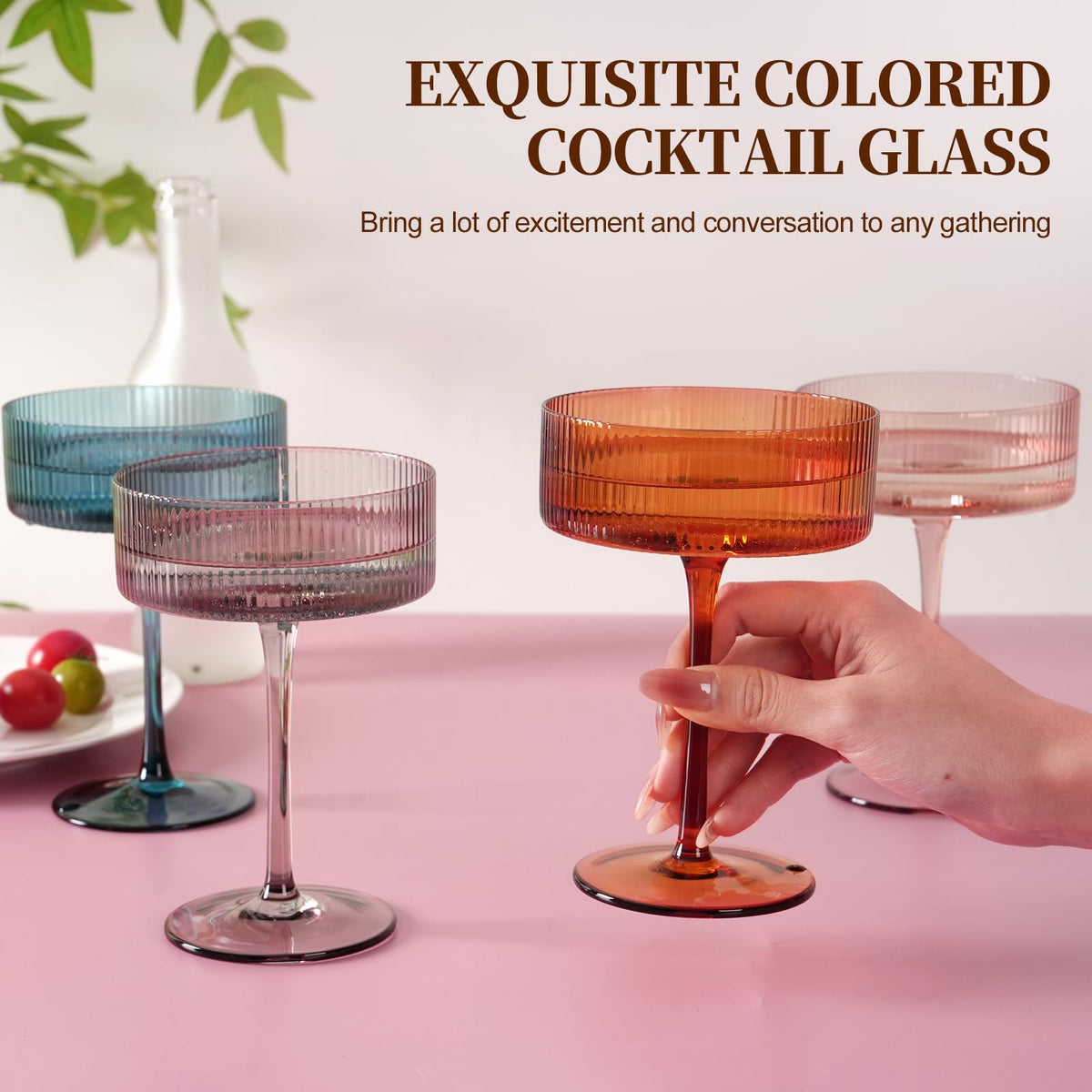 9Oz Ribbed Crystal Hand Blown Coupe Cocktail Glasses S7798