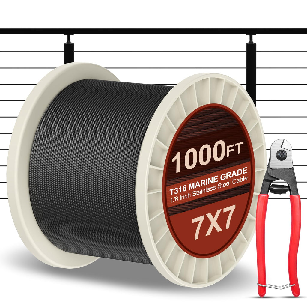 1000FT 1/8" Black Stainless Steel Cable with Cutter J654