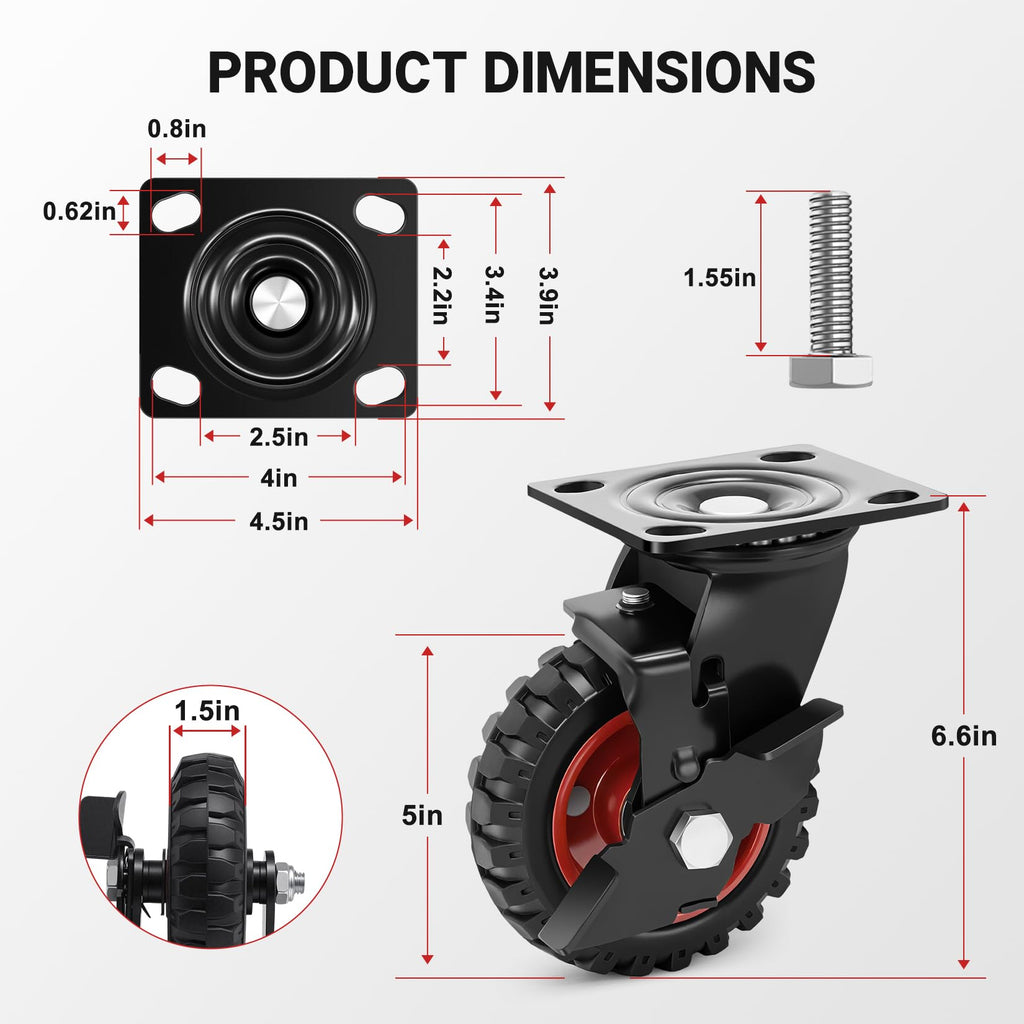 5 Inch Heavy Duty Rubber Casters Set of 4 with Brake N7295