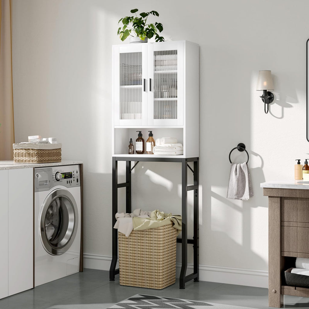 White Over The Toilet Storage Cabinet with Glass Doors D88861