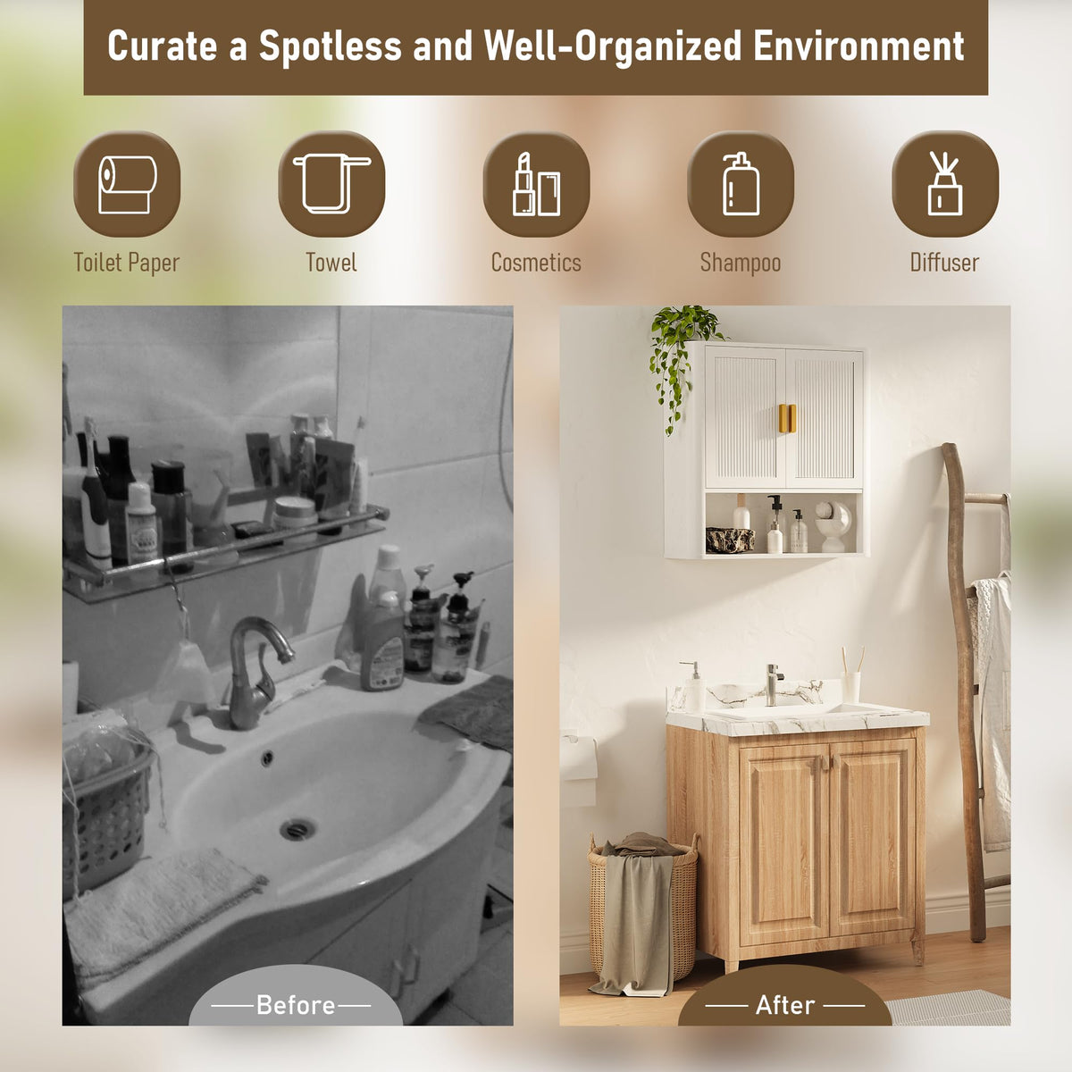 Wall-Mounted Bathroom Cabinet with Adjustable Wood Shelf & Doors E501