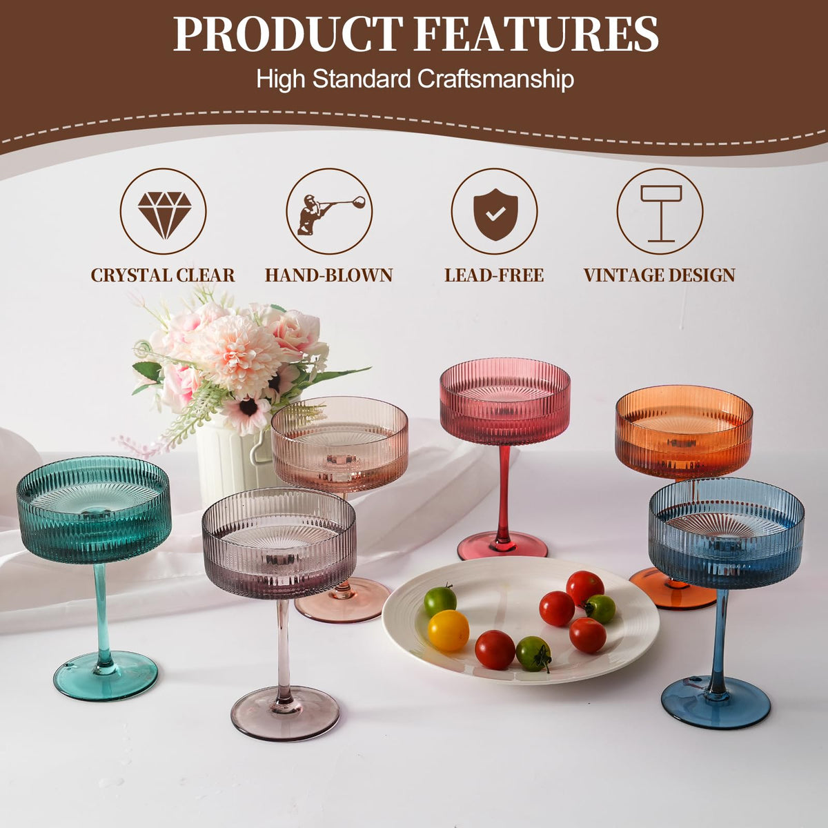 9Oz Ribbed Crystal Hand Blown Coupe Cocktail Glasses S7798