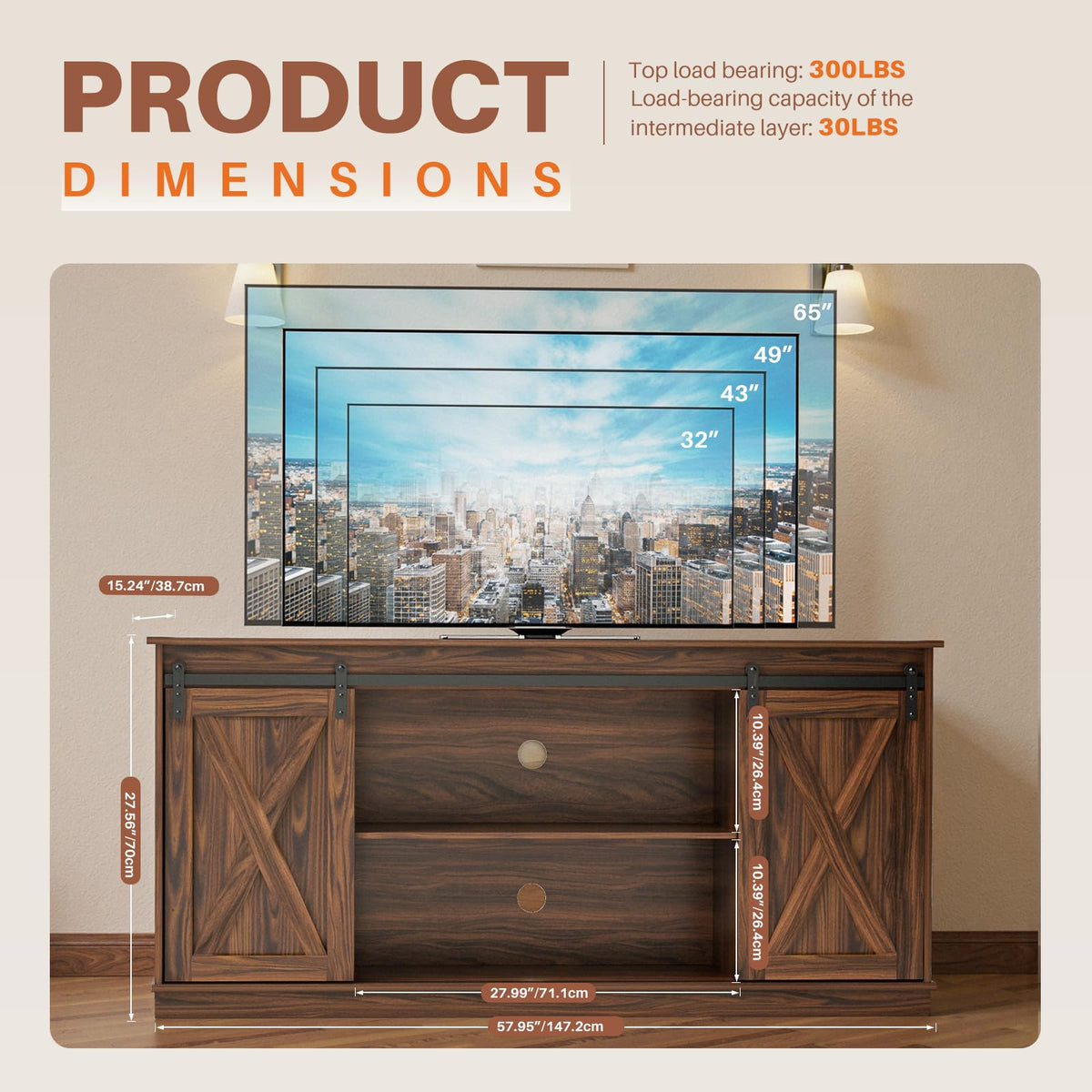 65 Inch Brown Wood TV Stand with Storage Shelves and Sliding Barn Door G303708