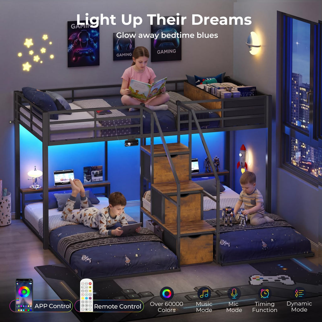 Black Triple Bunk Bed Twin Over Twin with Storage Staircase O399386
