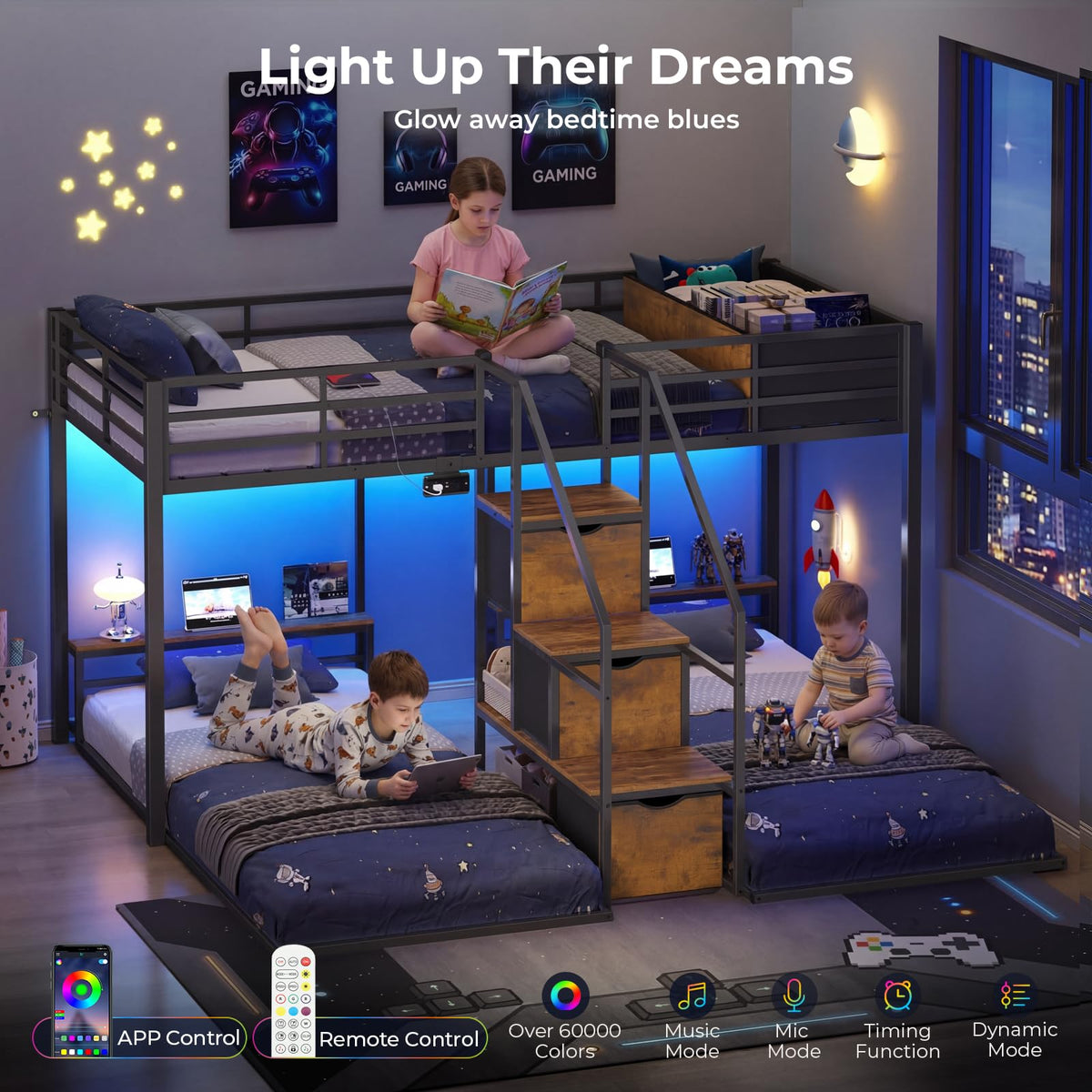 Black Triple Bunk Bed Twin Over Twin with Storage Staircase O399386