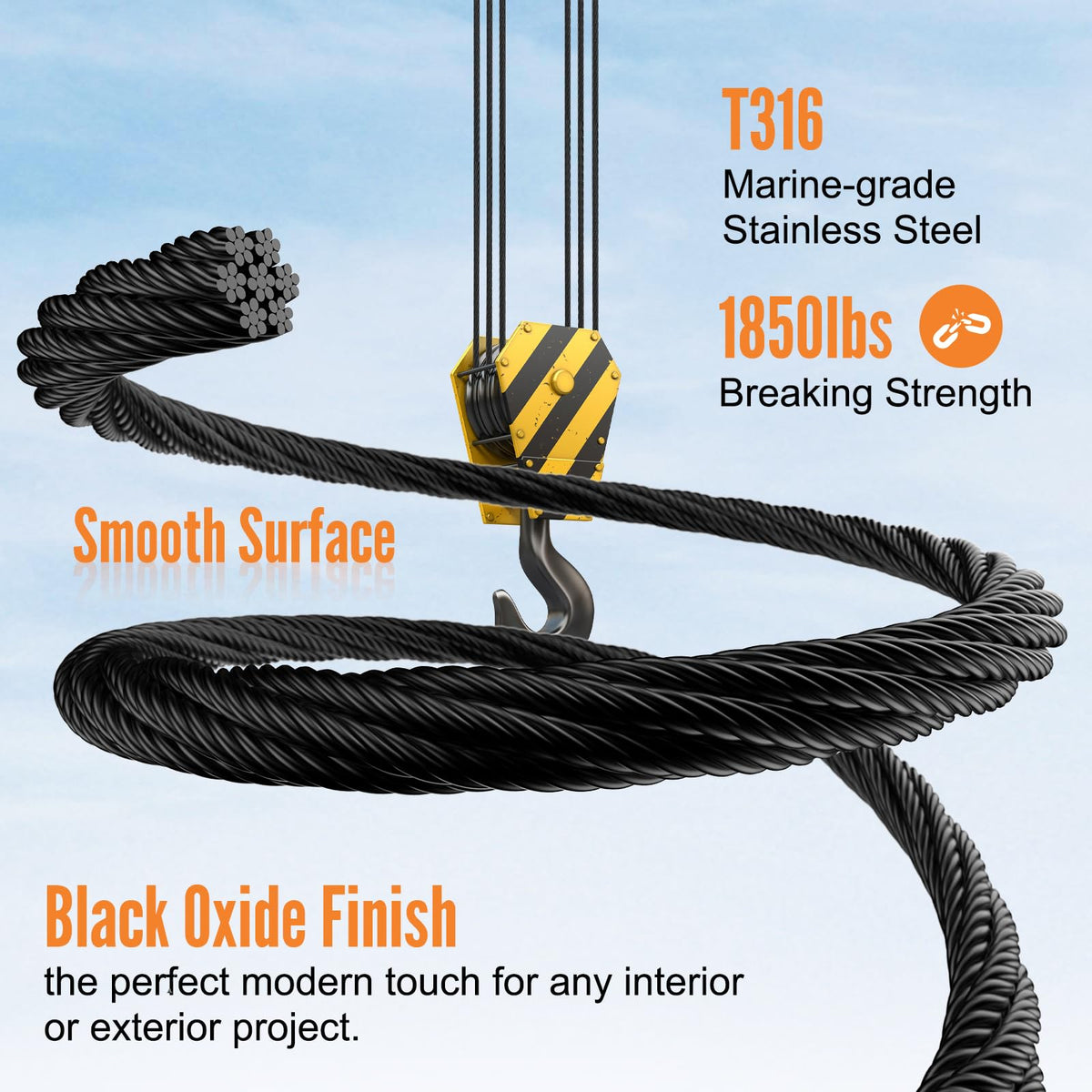 1000FT 1/8" Black Stainless Steel Cable with Cutter J654