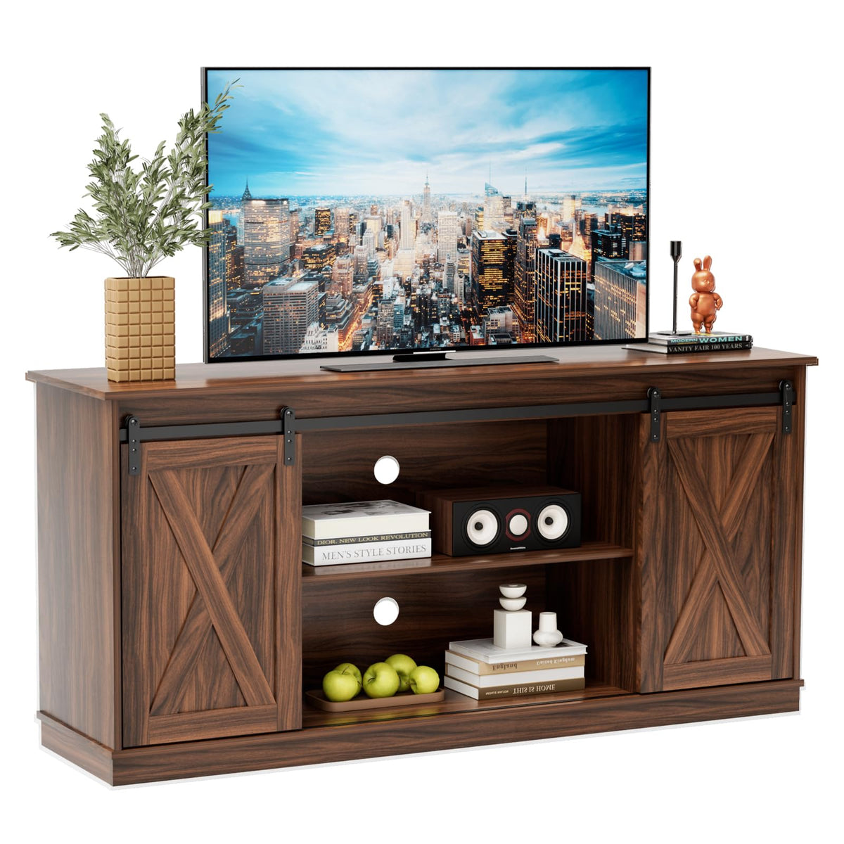 65 Inch Brown Wood TV Stand with Storage Shelves and Sliding Barn Door G303708