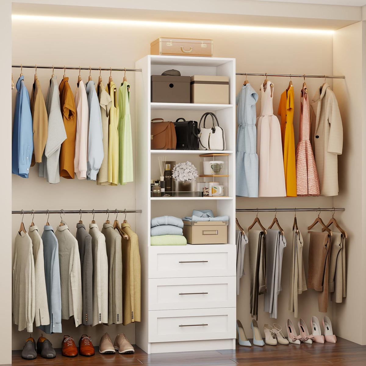 White Closet System with Drawers and Adjustable Shelves S133