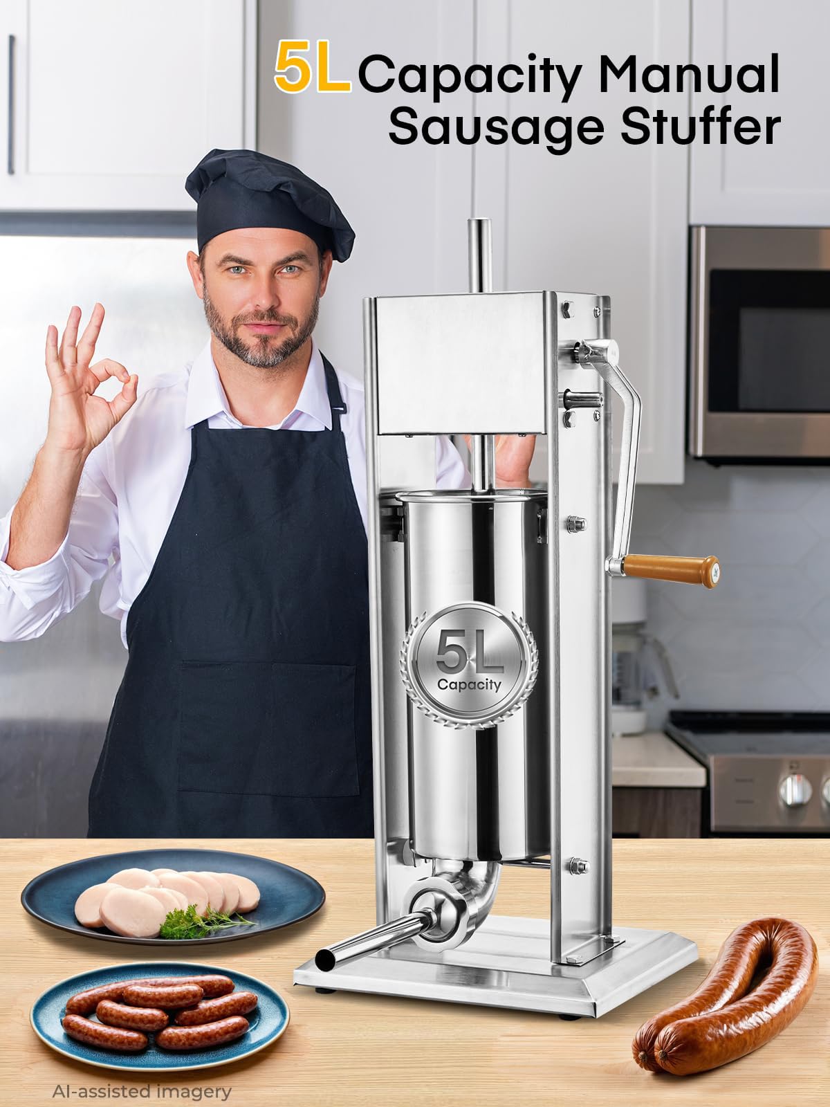 5L Stainless Steel Manual Sausage Stuffer with 4 Stuffing Tubes R25626