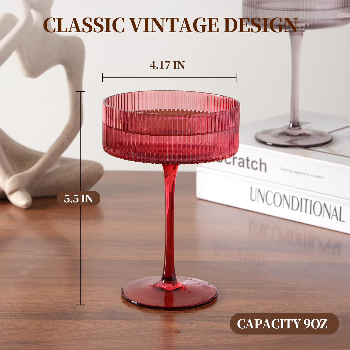 9Oz Ribbed Crystal Hand Blown Coupe Cocktail Glasses S7798
