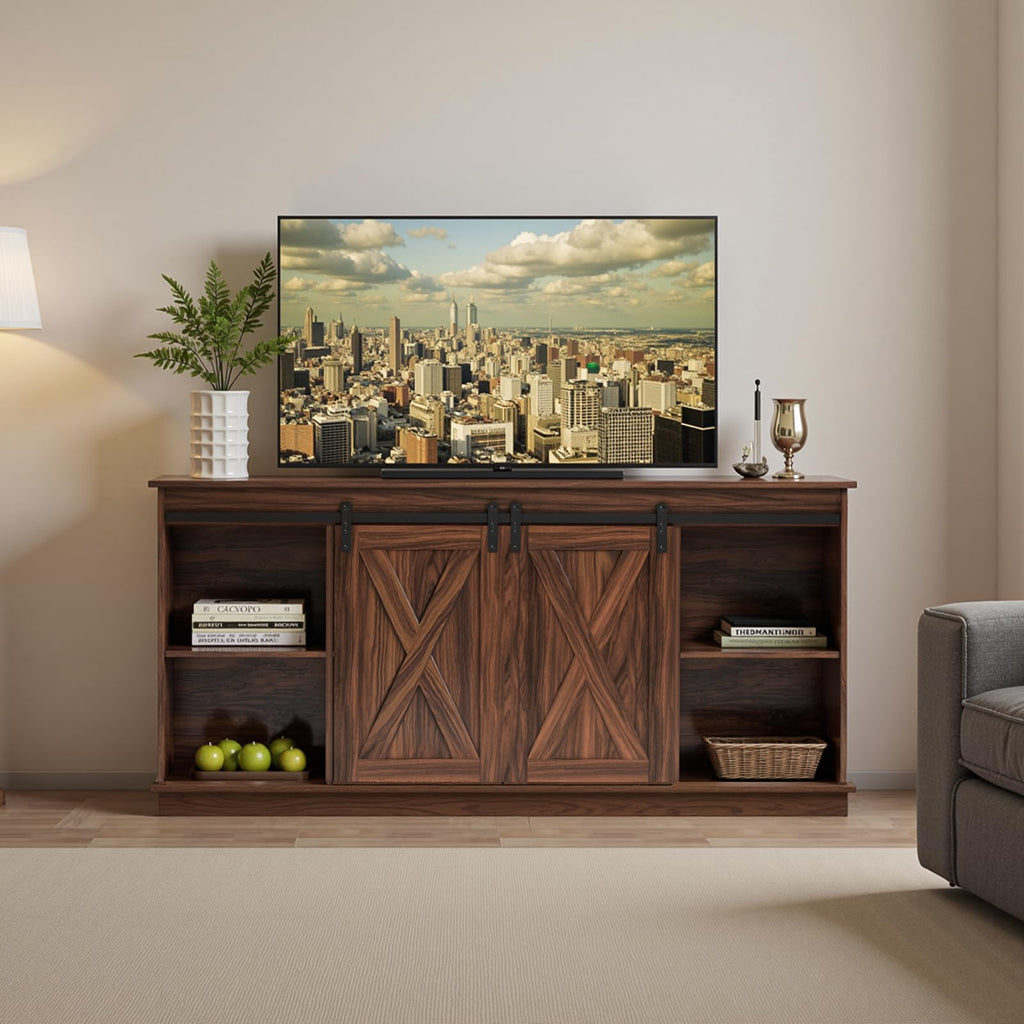 65 Inch Brown Wood TV Stand with Storage Shelves and Sliding Barn Door G303708
