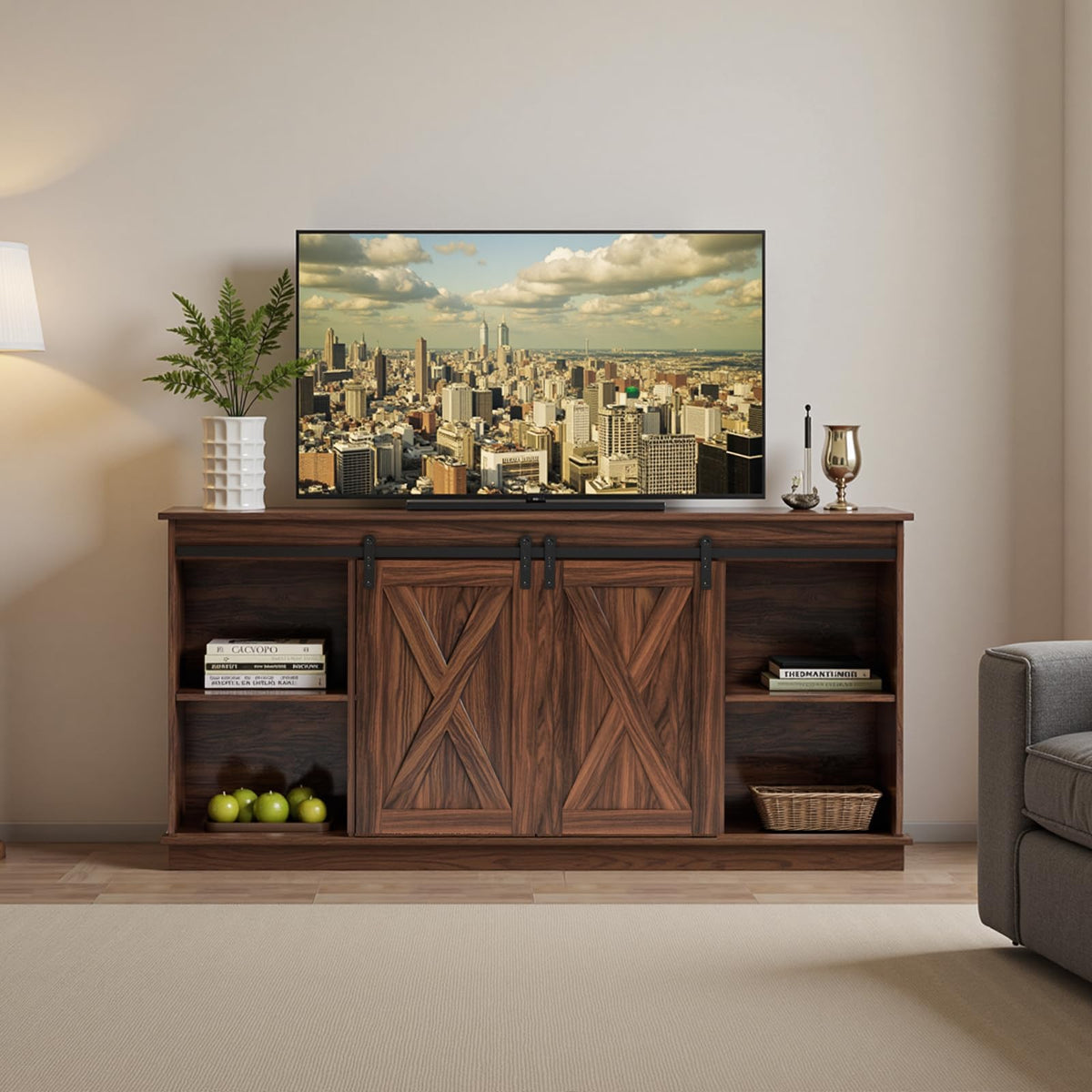 65 Inch Brown Wood TV Stand with Storage Shelves and Sliding Barn Door G303708