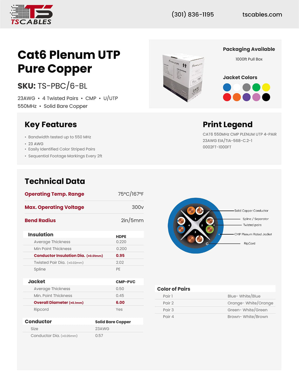 Cat6 Plenum 1000ft 23AWG Solid Bare Copper UTP Bulk Ethernet Cable M35474