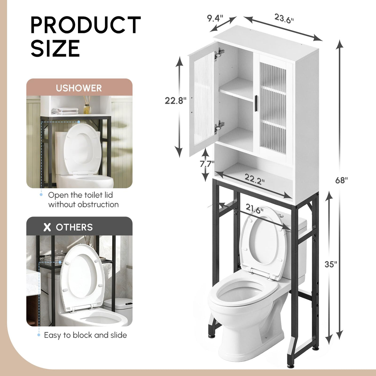 White Over The Toilet Storage Cabinet with Glass Doors D88861