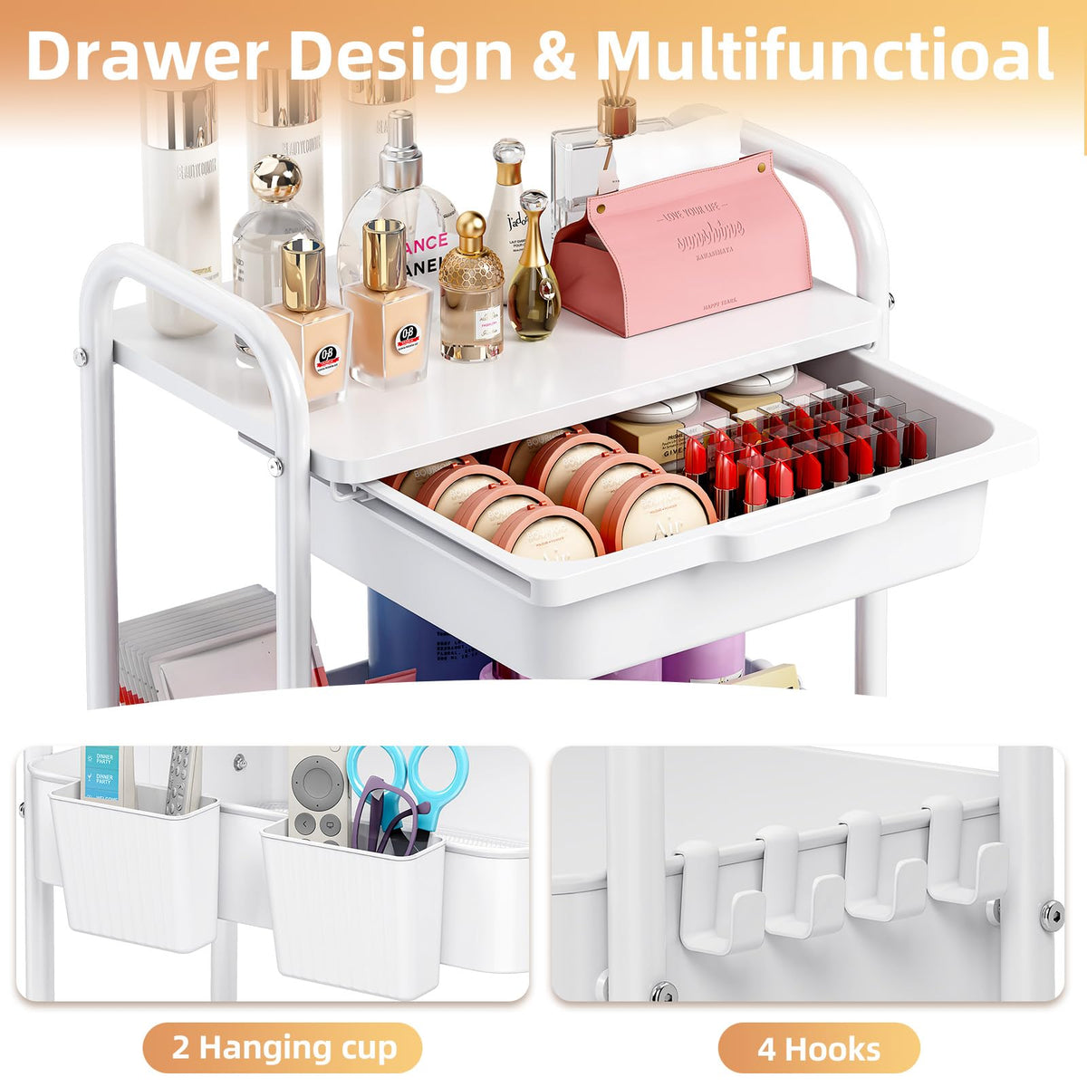 3 Tier Metal Rolling Cart with Drawer Z3695