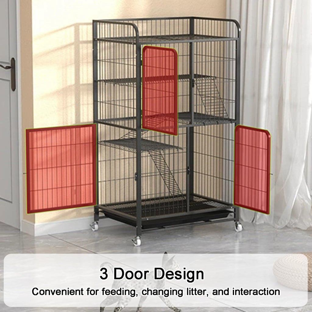 4 Tiers Metal Wire Cat Cage with Wheels Y633487