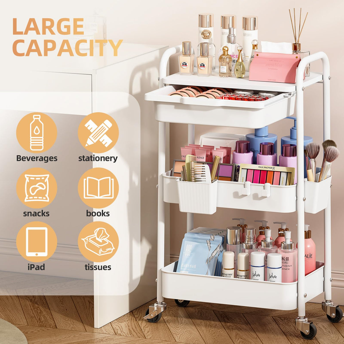 3 Tier Metal Rolling Cart with Drawer Z3695