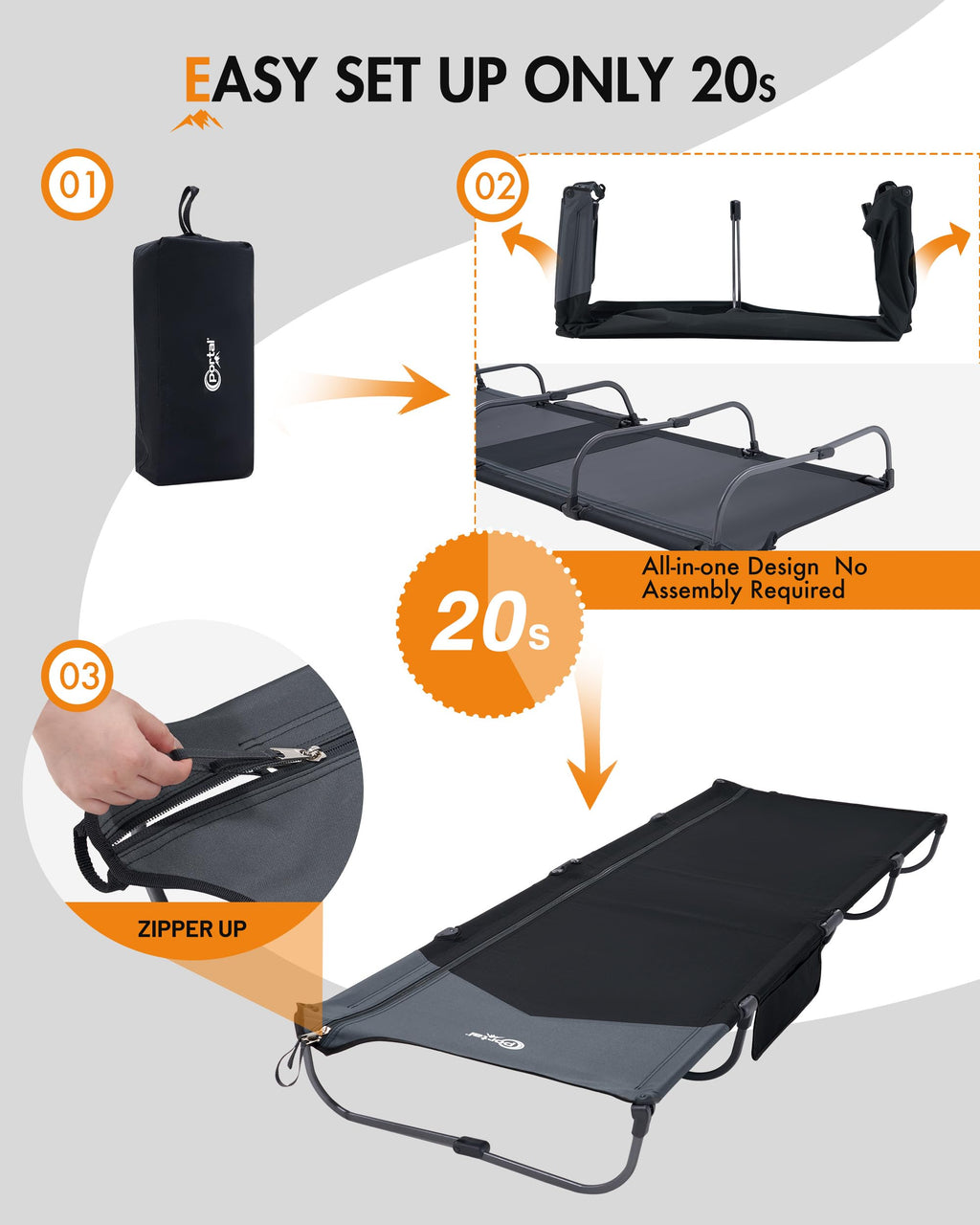 Ultra-Light 7.1 lbs Foldable Camping Cot with Side Pocket H409