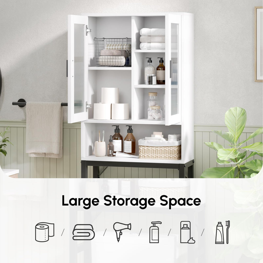 White Over The Toilet Storage Cabinet with Glass Doors D88861