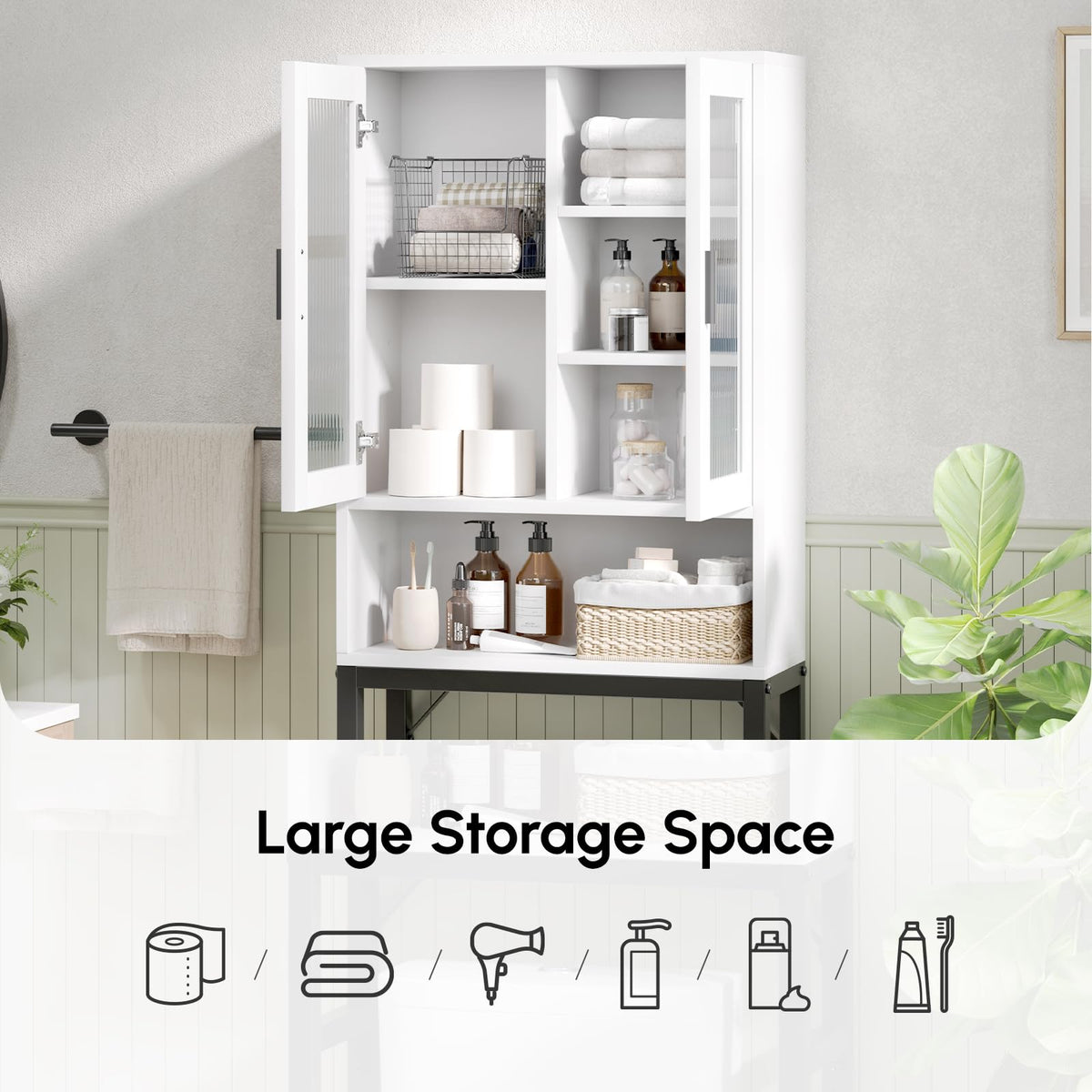White Over The Toilet Storage Cabinet with Glass Doors D88861