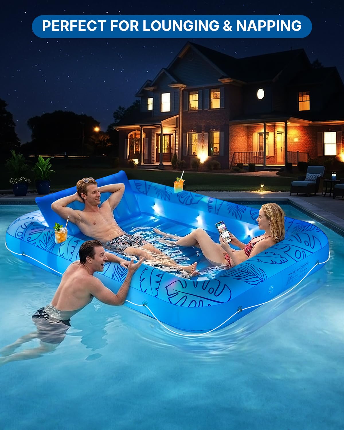 Inflatable Tanning Pool Float with Lights and Pillow S556496