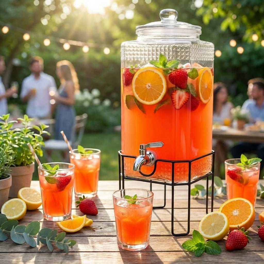 2 Gallon Glass Drink Dispenser with Stand and Glass Lid S9765
