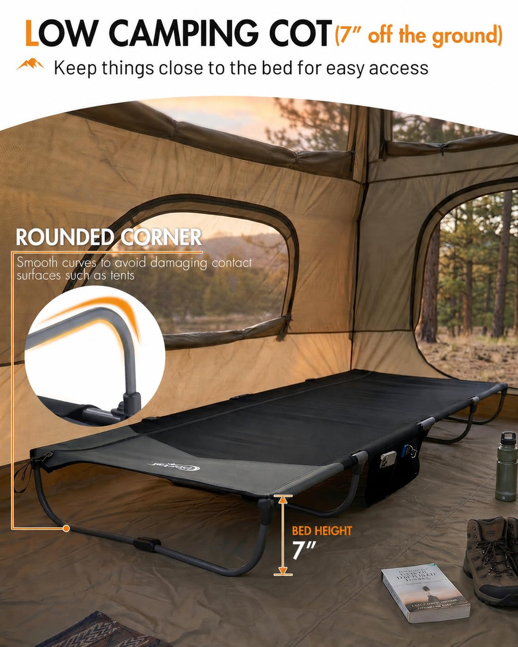 Ultra-Light 7.1 lbs Foldable Camping Cot with Side Pocket H409