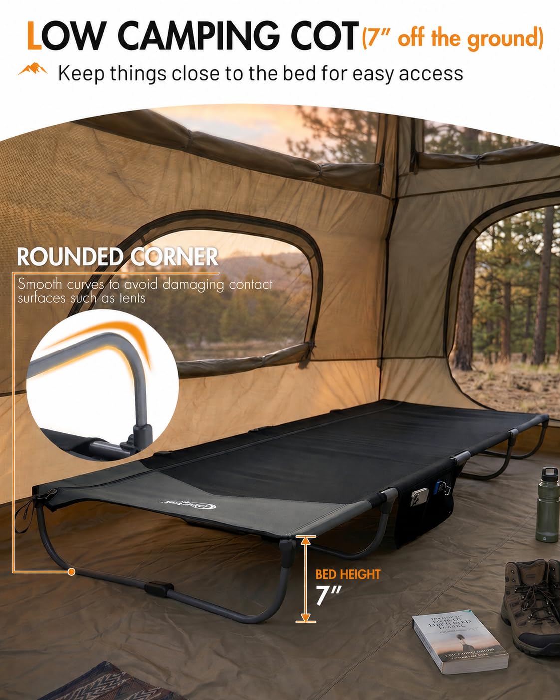 Ultra-Light 7.1 lbs Foldable Camping Cot with Side Pocket H409