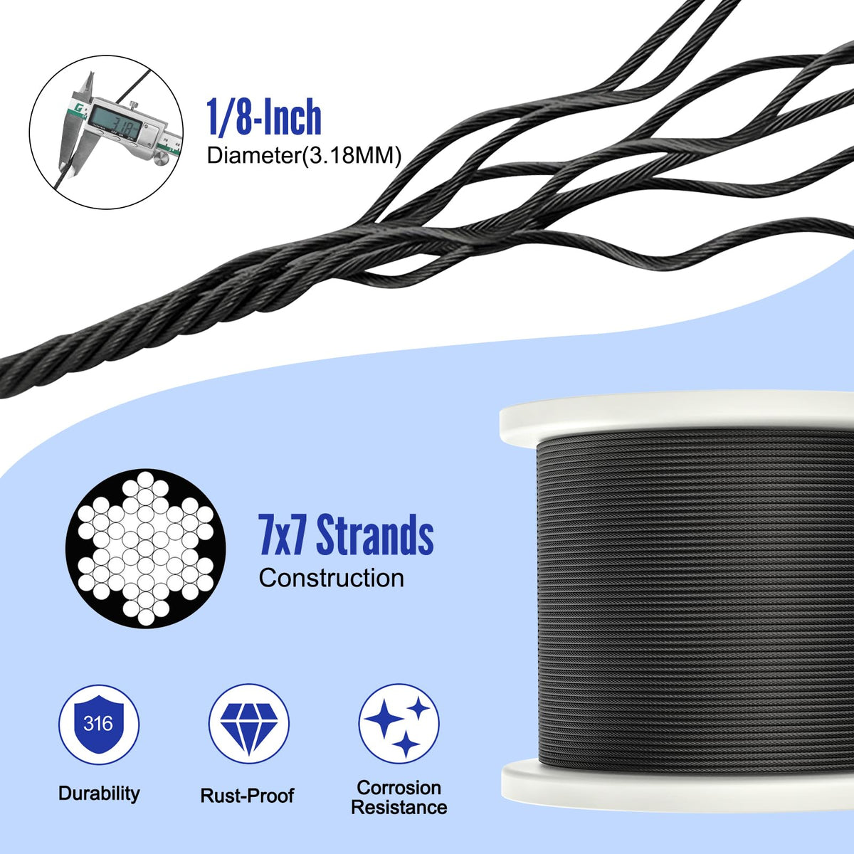 1000FT 1/8" Black Stainless Steel Cable with Cutter J654